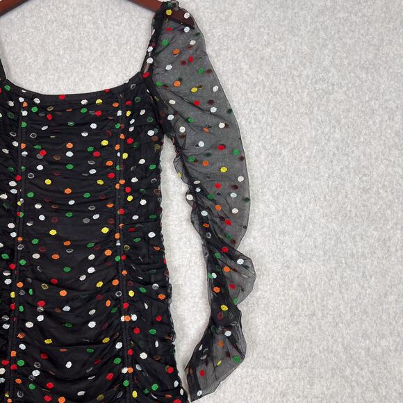 Camila Coelho Black Multi Polka Dot Kiana Sheer Long Sleeve Mini Dress Sz Small - Picture 4 of 8